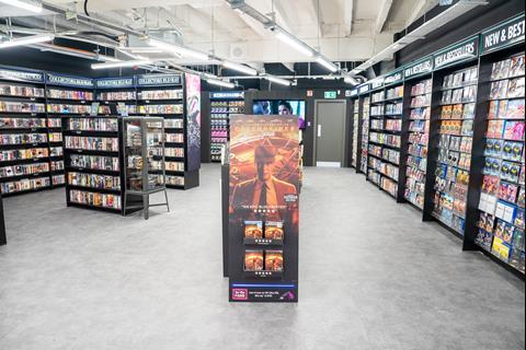 Interior of HMV store, Oxford Street, London showing DVDs and Blu-Rays on display